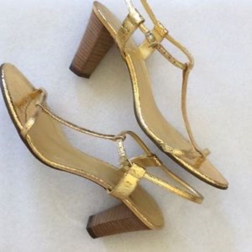 J Crew Gold Carina T-Strap Heels